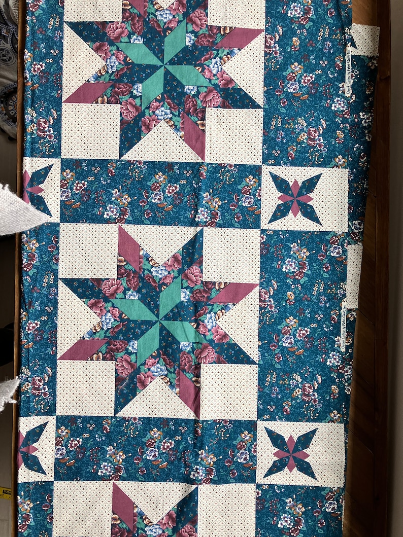 Vintage Fabric Pre-Printed Quilt Patchwork Triangles Calico Floral Blue Maroon Quilting Sewing Supplies By the Yard Yardage Quiverreclaimed image 1