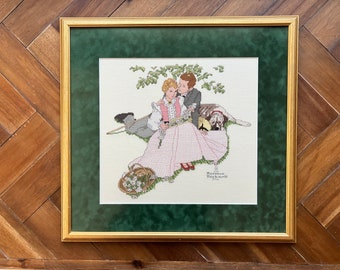 Vintage Art Stitchery Cross Stitch Wall Hanging Norman Rockwell Couple Flowers in Tender Bloom Matted Framed Large Wedding Gift Daisies