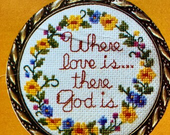 Vintage Counted Cross Stitch Kit Where Love Is God is Inspirational Saying Floral Flowers Yellow Christian Frame Ornate Included #1629