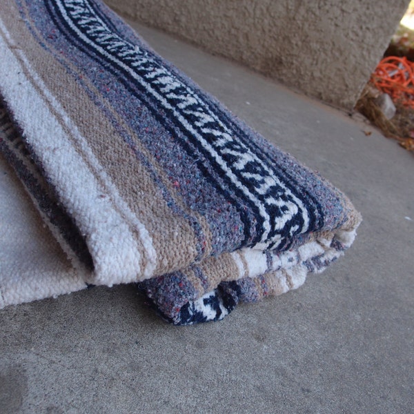 Vintage Mexican Blanket Camel White Navy Blue Gray Home Decor Southwestern Tribal Geometric