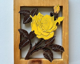 Vintage Wooden Rose Art Yellow Brown Leaves Machine Carved Wall Hanging Unique Rare Home Decor