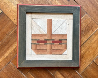 Vintage Art Wood Quilt Country Farmhouse Basket Wall Hanging Framed Inlaid Wood Rustic Handmade Home Decor Rare Unique