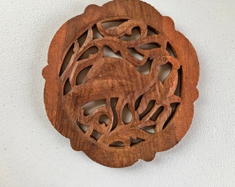 Vintage Trivet mano tallada madera pájaro decoración del hogar Boho MCM Pot Holder pared colgante arte