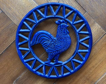 Vintage Wall Hanging Trivet Chicken Rooster Farmhouse Blue Ceramic