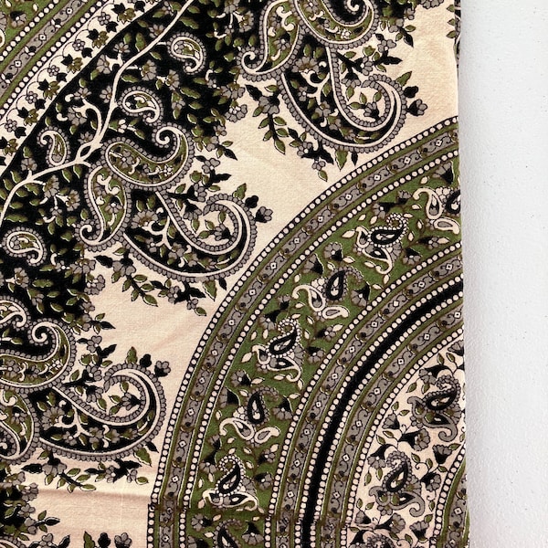 Reclaimed Cotton Fabric Quilt Top Paisley Mehndi Coverlet Bedding Tablecloth Sewing Quilting Supplies Green Black Cream Quiverreclaimed