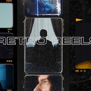 Puede incluir: Un collage de tiras de película con una estética retro. El texto "RETRO REELS" se muestra en letras blancas sobre un fondo negro. Las tiras de película contienen imágenes de personas en varios entornos.