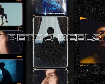 May include: A collage of film strips with a retro aesthetic. The text "RETRO REELS" is displayed in white letters on a black background. The film strips contain images of people in various settings.