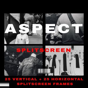 May include: A black and white graphic design featuring the word "ASPECT" in large white letters. Below, the word "SPLITSCREEN" is in red. The image is divided into four sections with black and white photos. Text at the bottom reads "25 VERTICAL + 25 HORIZONTAL SPLITSCREEN FRAMES."