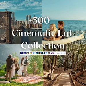 May include: A composite image with four scenes: a city with a bridge, a couple by the sea, a wedding, and a forest path. The text "+500 Cinematic Lut Collection" is displayed, alongside software icons.