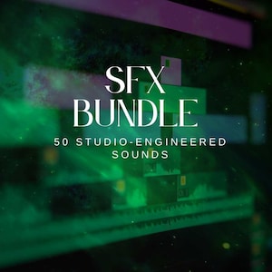 Puede incluir: Imagen digital con fondo verde oscuro y morado. Las palabras "SFX BUNDLE" se muestran en letras blancas grandes. Debajo, un texto más pequeño dice "50 STUDIO-ENGINEERED SOUNDS". La imagen tiene un diseño borroso y abstracto.