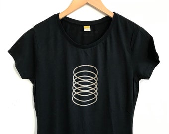 May include: Black t-shirt with a silver graphic of a stack of overlapping circles.