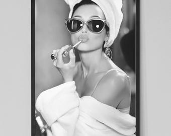 Audrey Hepburn Lipstick Poster. Black and White Wall Art. Vintage Fashion, Old Hollywood Feminist Poster.