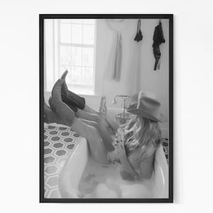 Vintage Cowgirl Print, Cowgirl in Bathroom, Wild West Photo, Black and White, Fashion Wall Art, Cowgirl Poster, Retro Western Print.