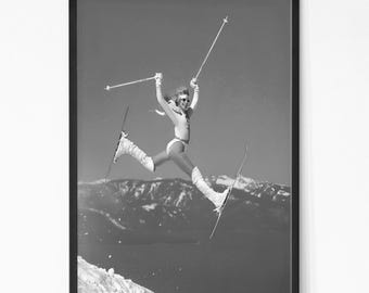 Retro Ski Girl Wall Art, Black and White Mountain Photography, Snow Sport Female Print, Energetic Glam Decor, Vintage Ski Poster.