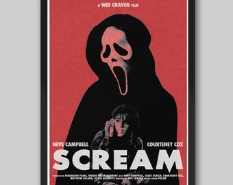 Scream 1966 Movie Poster. Wes Craven Movie. Neve Campbell, Courteney Cox, Vintage Poster. Retro Movie Poster.