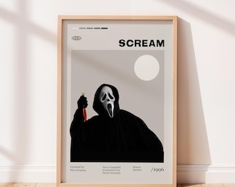 Scream 1996 Movie Poster, Wes Craven Movie, Neve Campbell, Courteney Cox, Minimalist Art, Retro Poster, Home Wall art.