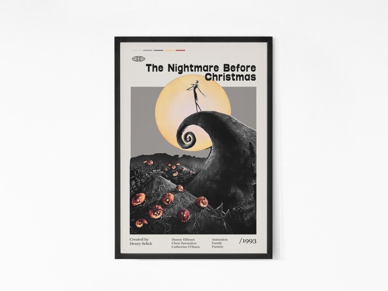 Póster de la película Pesadilla antes de Navidad 1993, película de Henry Selick, Danny Elfman, Chris Sarandon, arte minimalista, póster retro. imagen 2