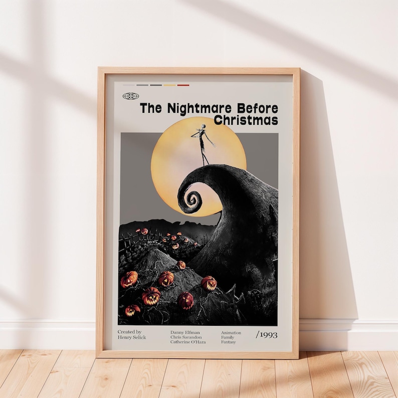 Póster de la película Pesadilla antes de Navidad 1993, película de Henry Selick, Danny Elfman, Chris Sarandon, arte minimalista, póster retro. imagen 1
