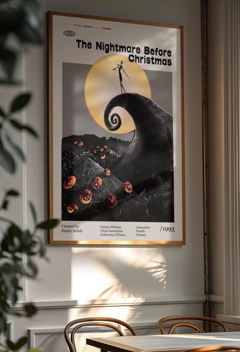 Póster de la película Pesadilla antes de Navidad 1993, película de Henry Selick, Danny Elfman, Chris Sarandon, arte minimalista, póster retro. imagen 4
