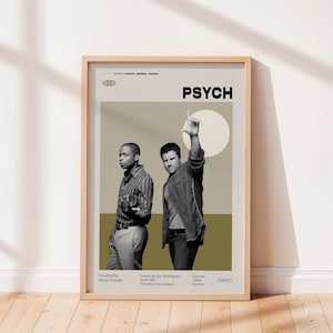 May include: A framed poster featuring two men in a sepia-toned design. The word "PSYCH" is at the top, with the year "2017" at the bottom right. The poster includes the names of the actors and the creator.