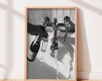 Champagne in Bathtub, Luxury Black and White Print, Elegant Bathroom Photography, Modern Glam Decor, Relaxation Aesthetic.