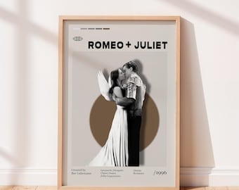 Romeo + Juliet Movie Poster, Baz Luhrmann Movie, Leonardo DiCaprio, Claire Danes, Minimalist Art, Retro Poster, Home Wall art.