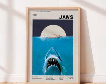 Jaws 1975 Movie Poster, Steven Spielberg Movie, Roy Scheider, Robert Shaw, Minimalist Art, Retro Poster, Home Wall art.