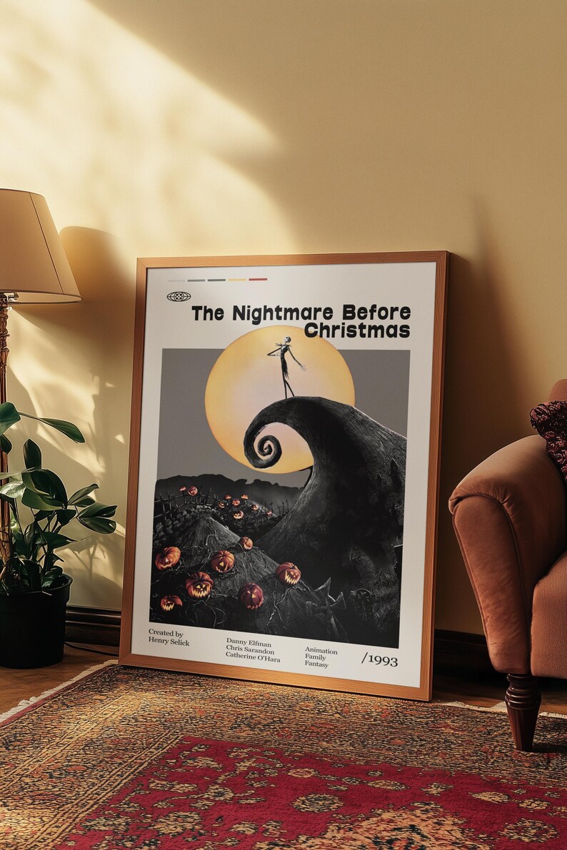 Póster de la película Pesadilla antes de Navidad 1993, película de Henry Selick, Danny Elfman, Chris Sarandon, arte minimalista, póster retro. imagen 7