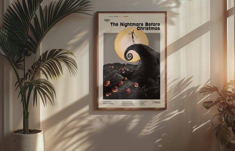 Póster de la película Pesadilla antes de Navidad 1993, película de Henry Selick, Danny Elfman, Chris Sarandon, arte minimalista, póster retro. imagen 5
