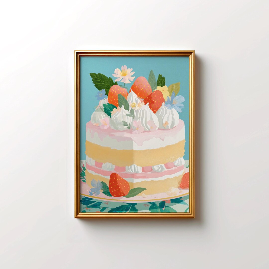 Strawberry Cake Wall Art Print for Kitchen and Bakery Decor Digital ...