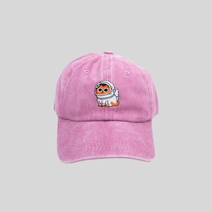 Space Cat Embroidery Hat, Vintage Washed Cotton Cap, Custom Astronout Cat Hat, Adjustable Baseball Dad Cap | Funny Gift Idea for Cat Lovers