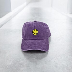 Custom Smiley Face Hat, Vintage Washed Cotton Embroidered Cap, Unisex Adjustable Dad Hat, Happy Face Design, Unique Gift for Him/Her