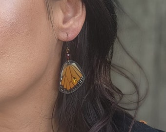 Resin Monarch Butterfly Wing Earrings, Garnet Gemstone, Real Butterfly, Organic Jewelry, Fairy Wings, Butterfly Jewelry, Cruelty Free Insect