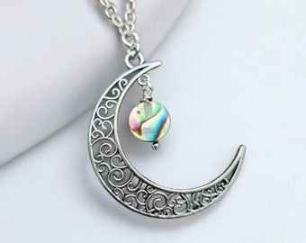 Silver Crescent Moon Necklace, Abalone Shell Charm, Hypoallergenic Chain
