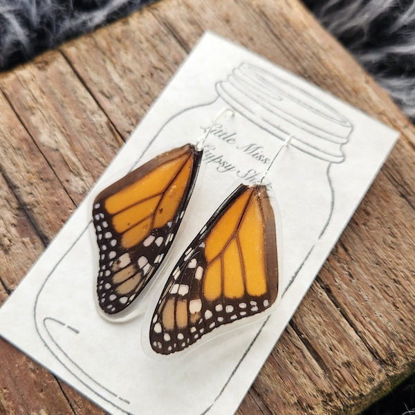 Real Monarch Butterfly Wing Earrings, Resin Wings, Earthy Organic Jewelry, Festival, Natural, Witchy, Hippie, Boho, Unique Gift, Fairy BW037