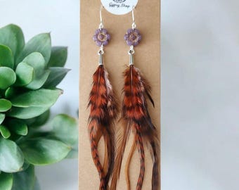 Long Burnt Orange and Brown Festival Feather Earrings, Purple Flowers, Striped Earthy Natural Feathers, Grizzly Feathers, Rustic Boho