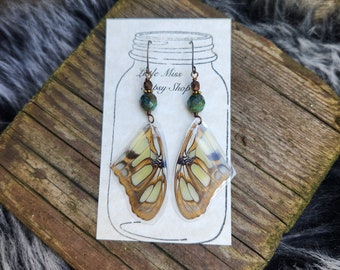 Beaded Green Malachite Real Butterfly Wing Earrings, Resin Coated Butterfly, Butterfly Specimen Insect Bug, Oddity Jewelry, Rustic Butterfly
