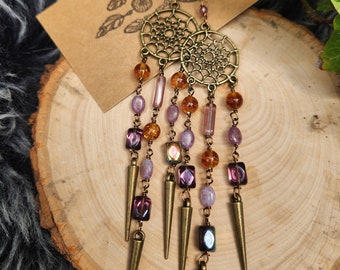 Boho Dreamcatcher Earrings, Rustic Bohemian, Vintage Czech Glass Beads, Dangle Earrings, Long Layered, Chandelier Earrings, Bronze, Antiqued