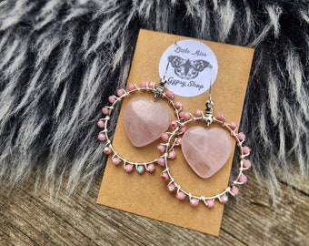 Pink Rose Quartz Heart Earrings, Gemstone Heart Silver Hoop Earrings, Crystal Heart Earrings, Boho Bohemian, Chunky Hoop, Wire Wrapped