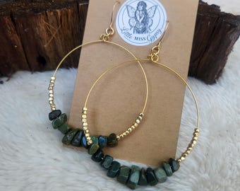 Green Japser Gemstone Hoop Earrings, Gold Beaded Crystal Hoops, Natural, Gold Hoops, Boho Rustic, Earthy Colors, Gold Hypoallergenic