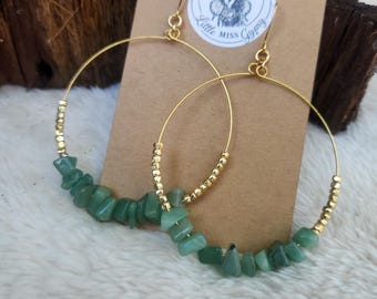 Green Aventurine Chip Hoop Earrings, Gold Beaded Boho Jewelry