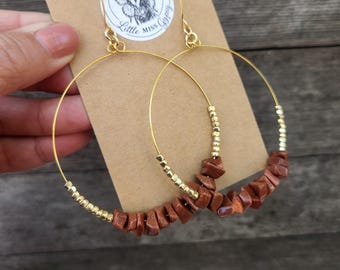 Goldstone Gemstone Hoop Earrings, Gold Beaded Hoops, Sparkle Crystal Gemstone Chips, Big Gold Hoops, Boho Bohemian, Hypoallergenic Ear Wires
