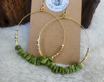 Green Jade Gemstone Chip Hoop Earrings, Gold Beaded Crystal Hoops, Natural, Gold Hoops, Boho Rustic, Earthy Colors, Gold Hypoallergenic