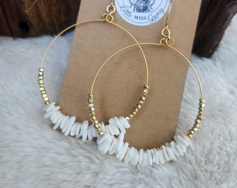 White Shell Hoop Earrings, White Shell Earrings, Gold Beaded Hoops, Gold Hoops, Boho Chic, Beachy, Beach Bride, Gold Hypoallergenic