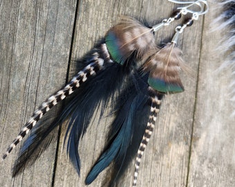 Medium Black Feather Earrings, Peacock Feathers, Grizzly Hair Extension, White Striped Feathers, festival, Boho Goth Witchy, Green Feathers