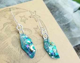 Aqua Blue Glitter Resin Earrings, Petite Small Dangle Earrings, Holographic, Rainbow Aurora Borealis, Hypoallergenic, Cute Girls Earrings