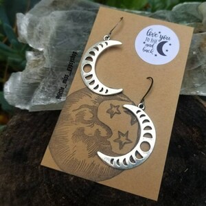 Silver Moon Phase Earrings, Luna Lunar, Crescent Moon Dangle Earrings, Handmade Earrings, Witchy Hippie, Filigree, Moon and Star Celestial