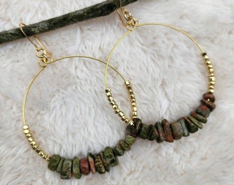 Unakite Gemstone Hoop Earrings, Gold Beaded Crystal Hoops, Natural, Gold Hoops, Boho Rustic, Earthy Colors, Gold Hypoallergenic