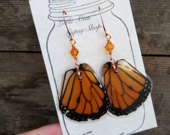Real Monarch Butterfly Wing Earrings, Swarovski Crystal, Copper earrings, Butterfly Earrings, Resin Jewelry, Witch, Cruelty Free Butterfly