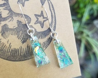 Blue Glitter Resin Earrings, Petite Small Dangle Earrings, Holographic Glitter, Rainbow Aurora Borealis, Hypoallergenic, Cute Girls Earrings